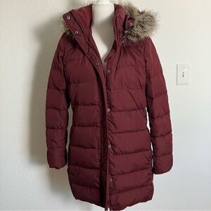 Women's Burgundy Puffer Coat with Faux Fur Hood